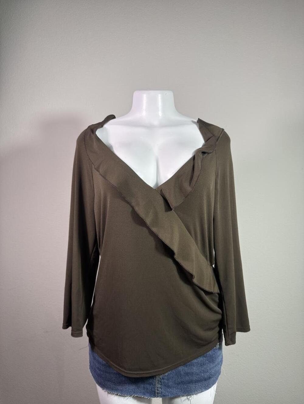 Y2K George olive green ruffle trim wrap long sleeve top – Women's Used Clothing